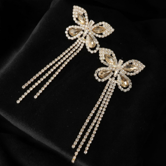 Butterfly Chandelier Pave Rhinestone Gold CZ Crystal Earrings Butterflies New - Picture 1 of 6